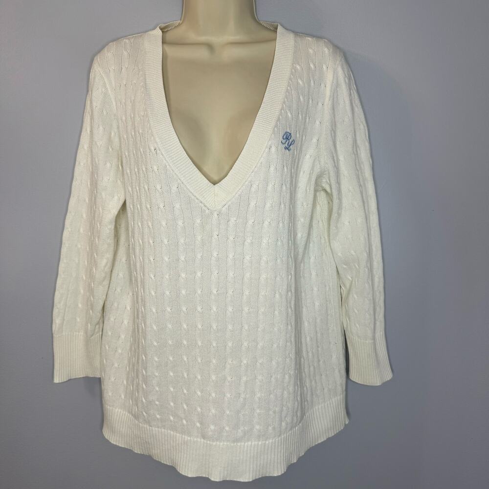 Polo Jeans Ralph Lauren Women’s White Cotton Cable Knit V-Neck Sweater Tennis XL